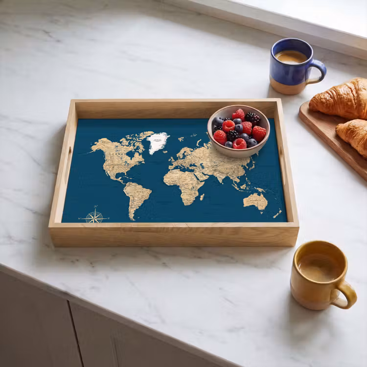 Plateau - Carte du monde - Bleu foncé - Beige — 3