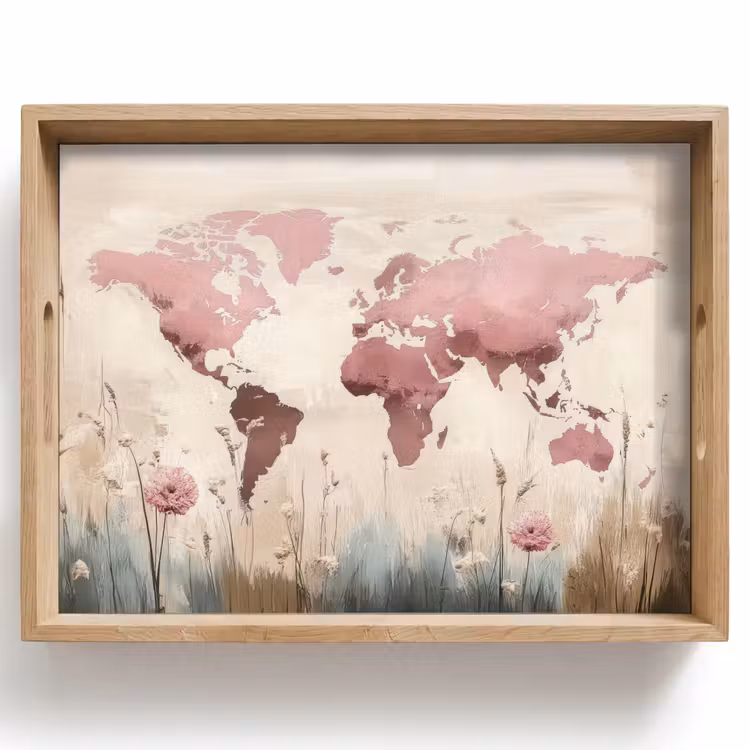 Plateau - Carte du monde - Rose - Fleurs — 1