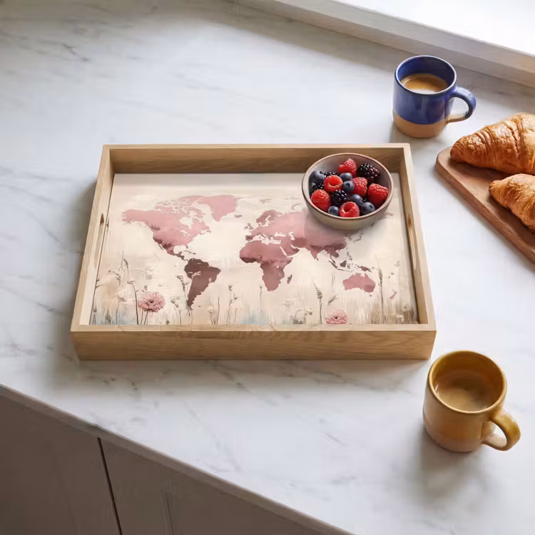 Plateau - Carte du monde - Rose - Fleurs — 3