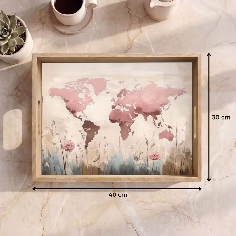 Plateau - Carte du monde - Rose - Fleurs — 7