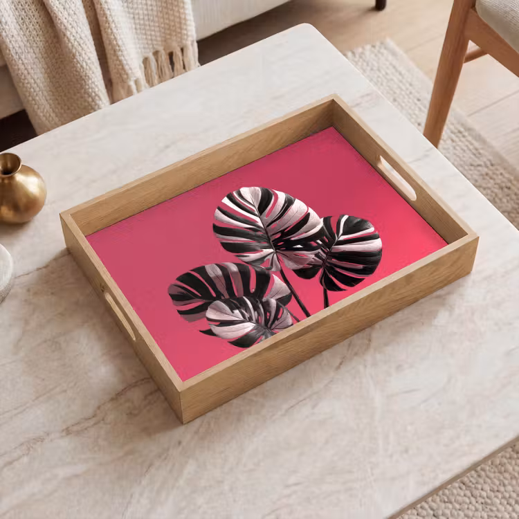 Plateau - Feuilles - Rond - Rose — 2