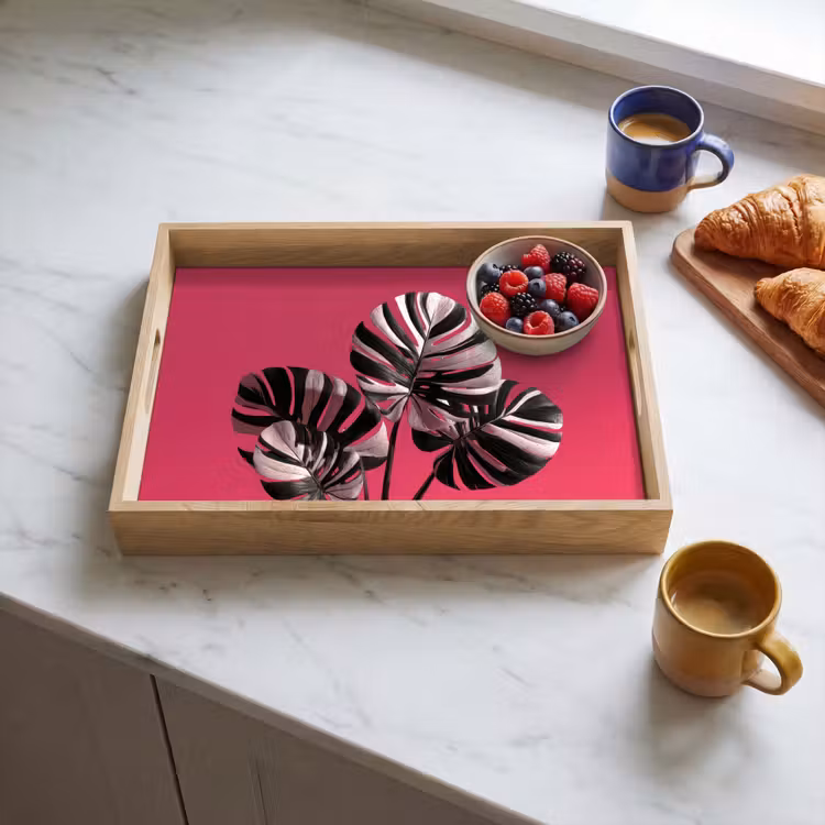 Plateau - Feuilles - Rond - Rose — 3