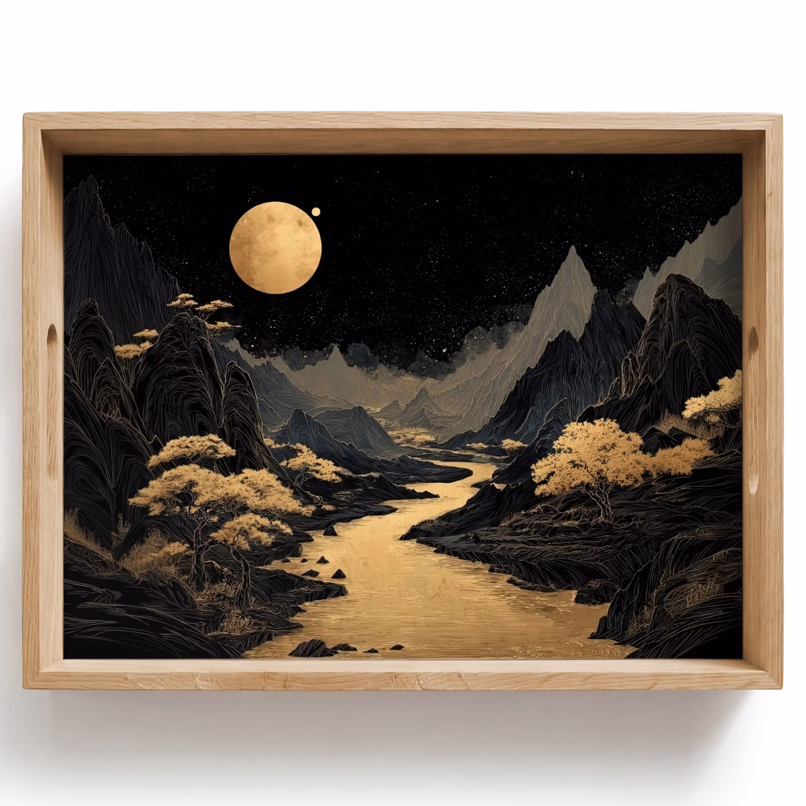 Plateau - Rivière dorée - Montagnes - Lune - Ciel étoilé — 1
