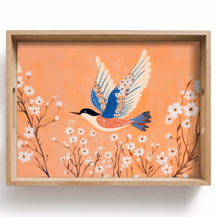 Plateau - Oiseau - Branches fleuries - Chaud - Coloré — 1