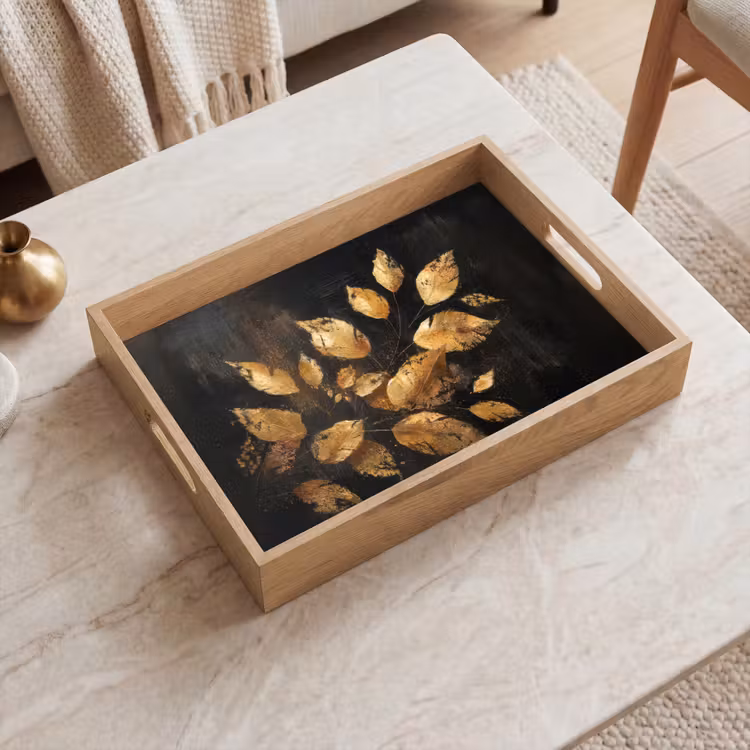 Plateau - Feuilles d'or sur fond sombre — 2