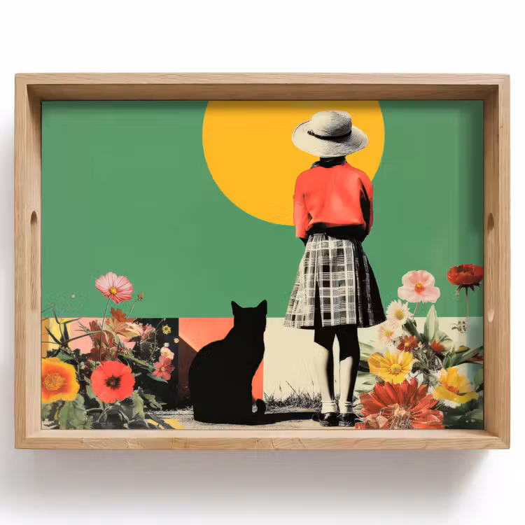 Plateau - Retro - Fille - Chat - Soleil — 1