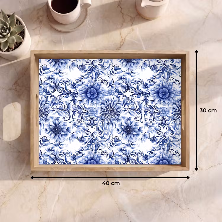 Plateau - Fleurs - Bleu - Motif - Blanc — 7