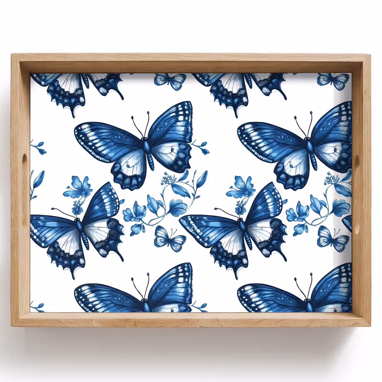 Plateau - Bleu - Papillons - Fleurs - Blanc — 1