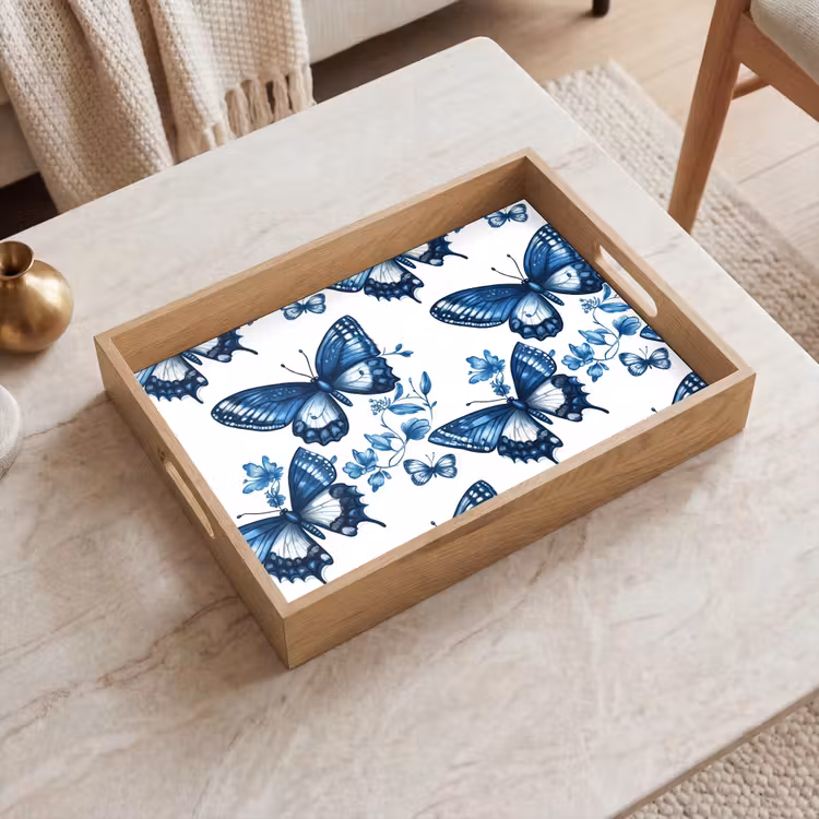 Plateau - Bleu - Papillons - Fleurs - Blanc — 2