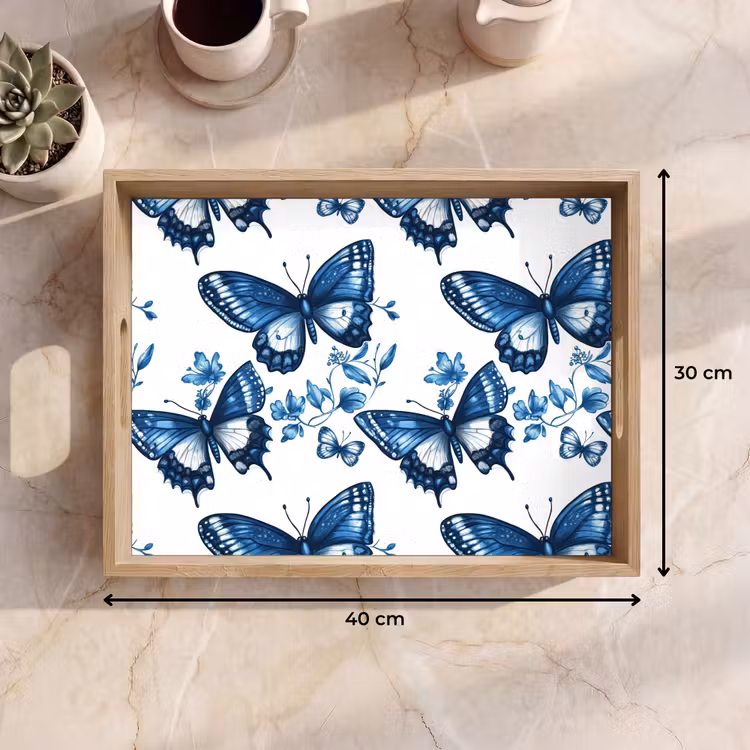 Plateau - Bleu - Papillons - Fleurs - Blanc — 7