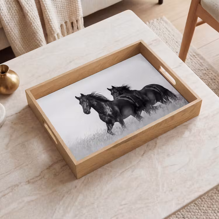 Plateau - Chevaux - Herbe - Noir - Blanc — 2