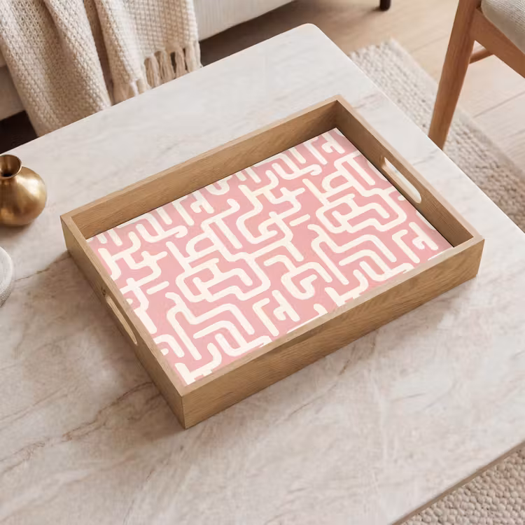 Plateau - Motif de labyrinthe - Rose - Blanc - Abstrait — 2