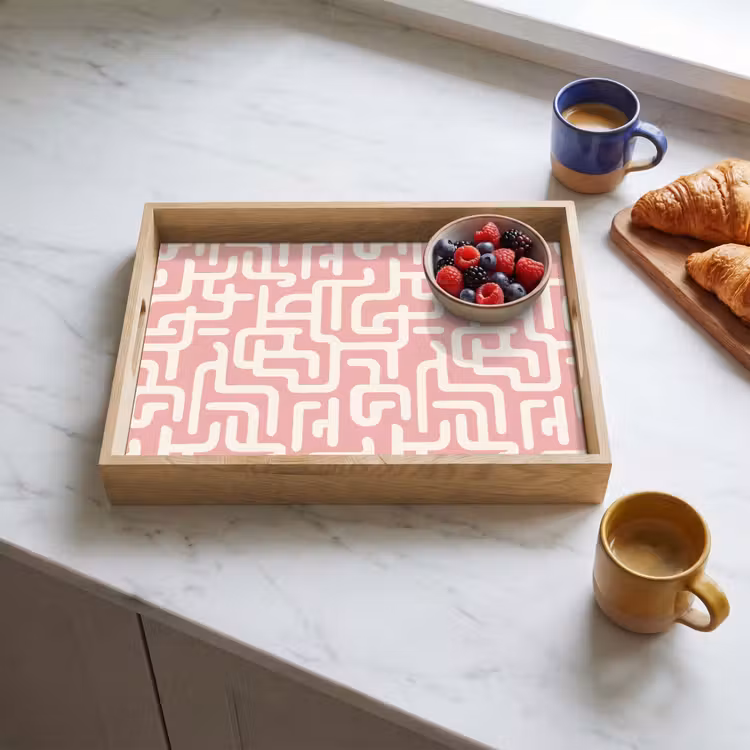 Plateau - Motif de labyrinthe - Rose - Blanc - Abstrait — 3