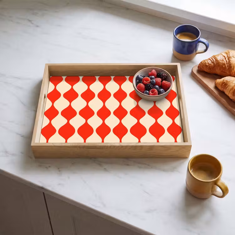 Plateau - Motif ondulé - Rétro - Rouge - Beige — 3