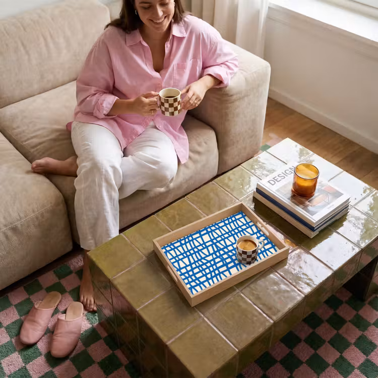 Plateau - Motif à carreaux - Bleu - Crème — 4