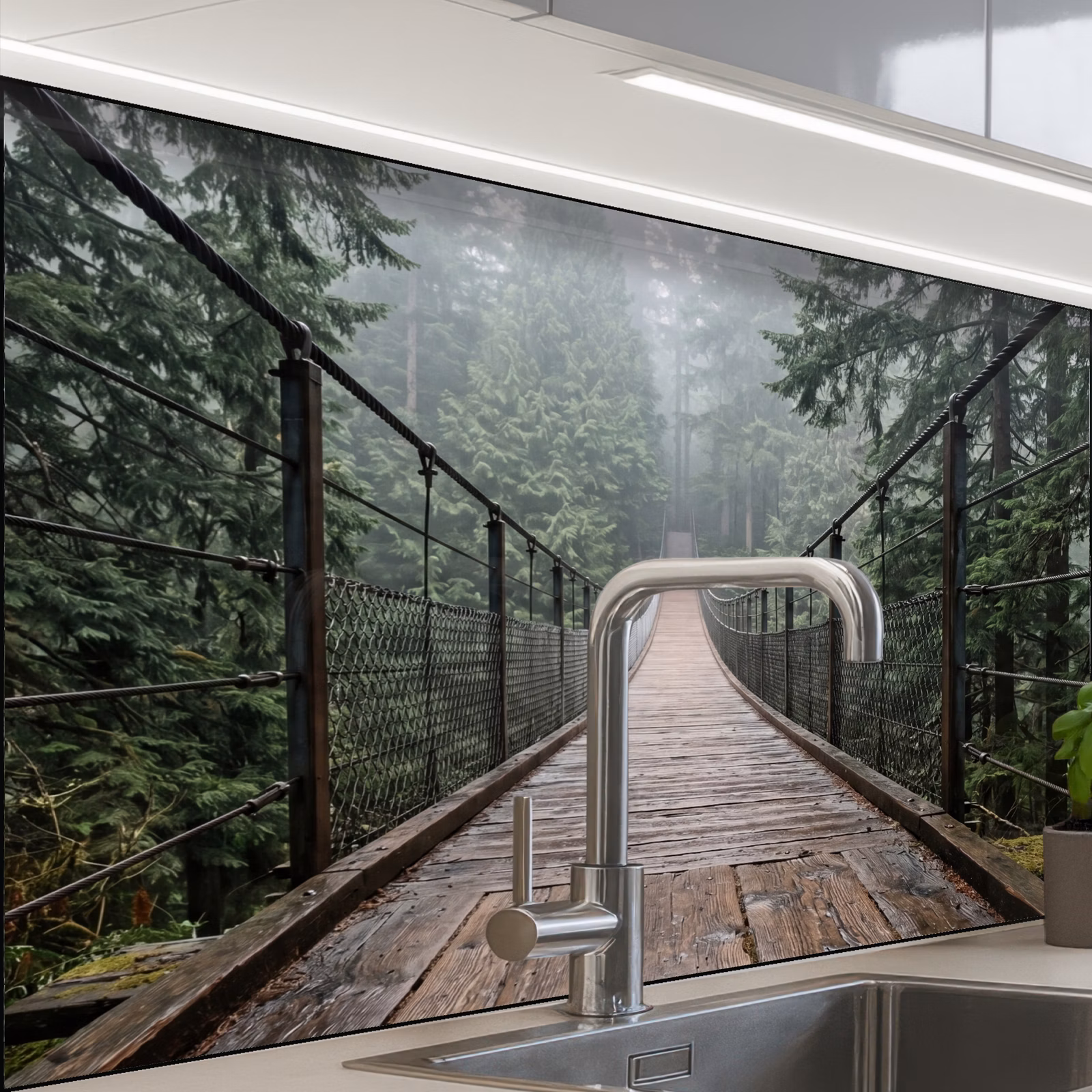Crédence cuisine - Pont - Forêt - Brouillard - Nature — 1