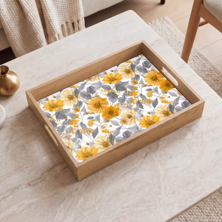 Plateau - Fleurs - Botanique - Élégant - Jaune ocre - Gris — 2
