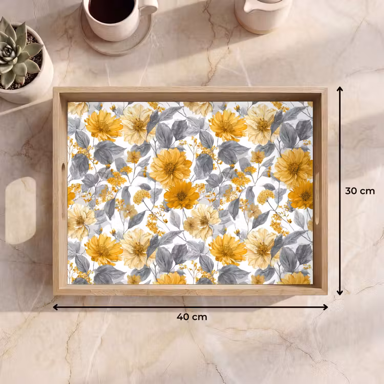 Plateau - Fleurs - Botanique - Élégant - Jaune ocre - Gris — 7