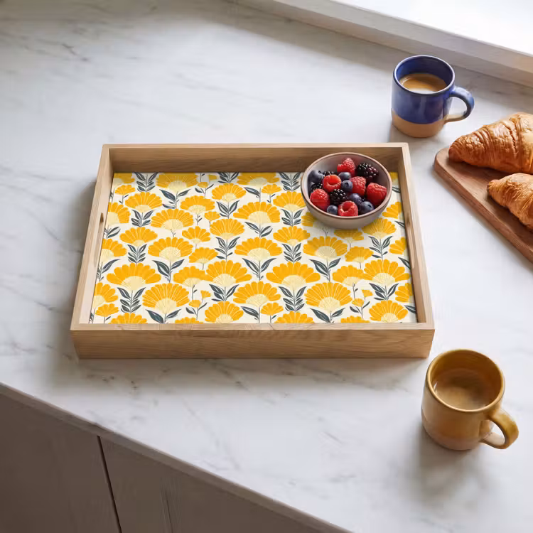 Plateau - Fleurs - Rétro - Botanique - Jaune ocre - Gris — 3