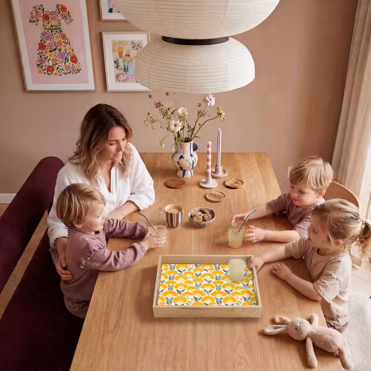 Plateau - Fleurs - Rétro - Botanique - Jaune ocre - Gris — 5