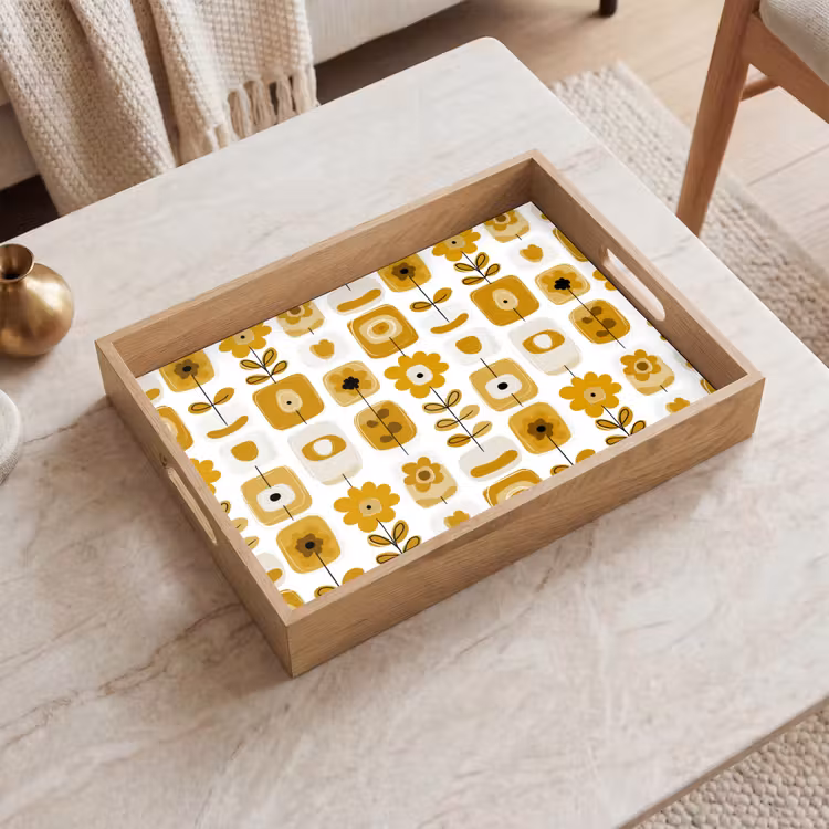 Plateau - Rétro - Abstrait - Fleurs - Jaune ocre — 2