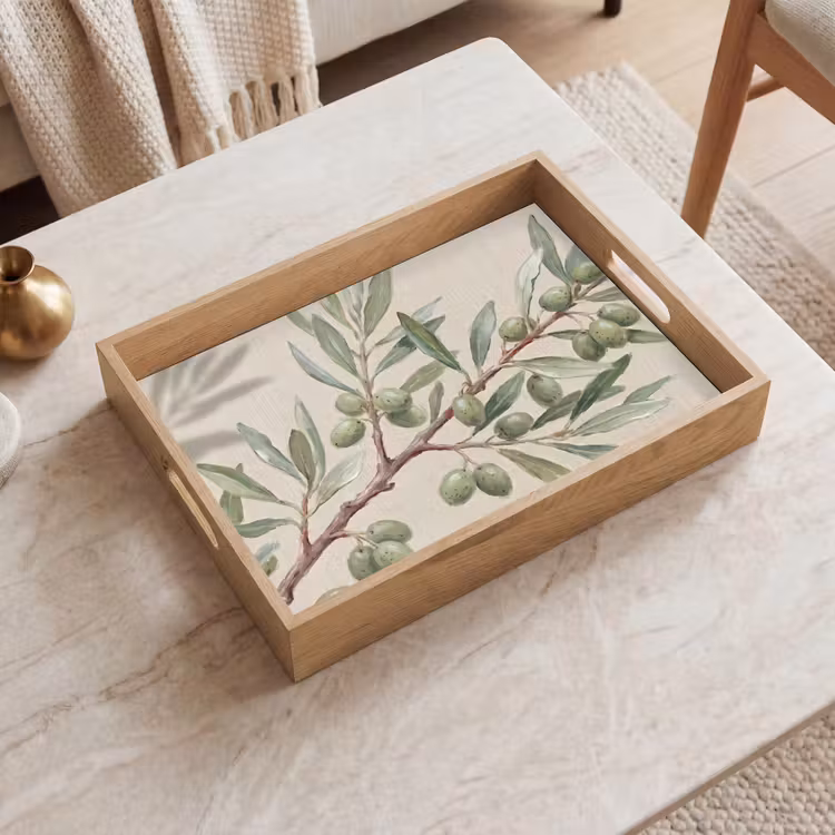 Plateau - Branche d'olivier - Feuilles - Nature - Vert - Beige — 2