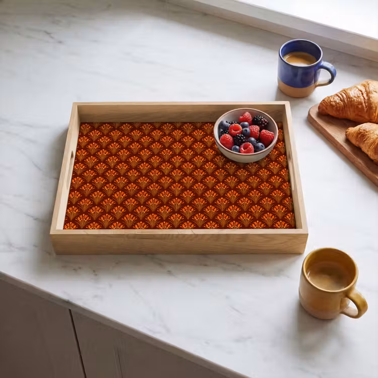Plateau - Éventails - Art déco - Motifs botaniques - Brun rouille - Orange — 3
