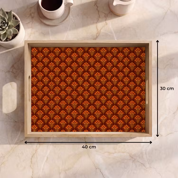 Plateau - Éventails - Art déco - Motifs botaniques - Brun rouille - Orange — 7