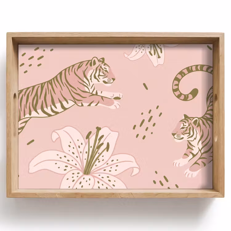 Plateau - Chat - Sautant - Fleurs - Abstrait - Rose — 1