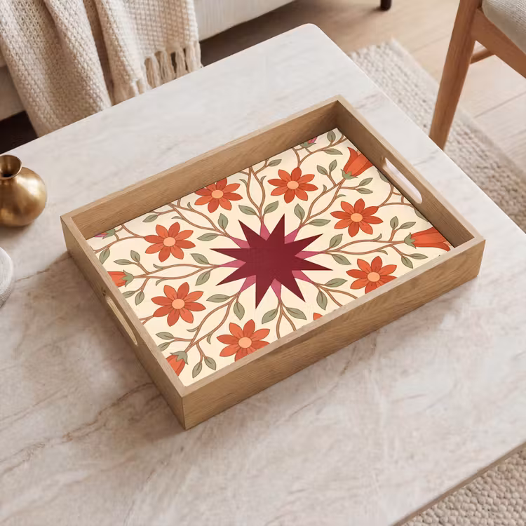 Plateau - Fleurs - Mandala - Décoratif - Rouge — 2