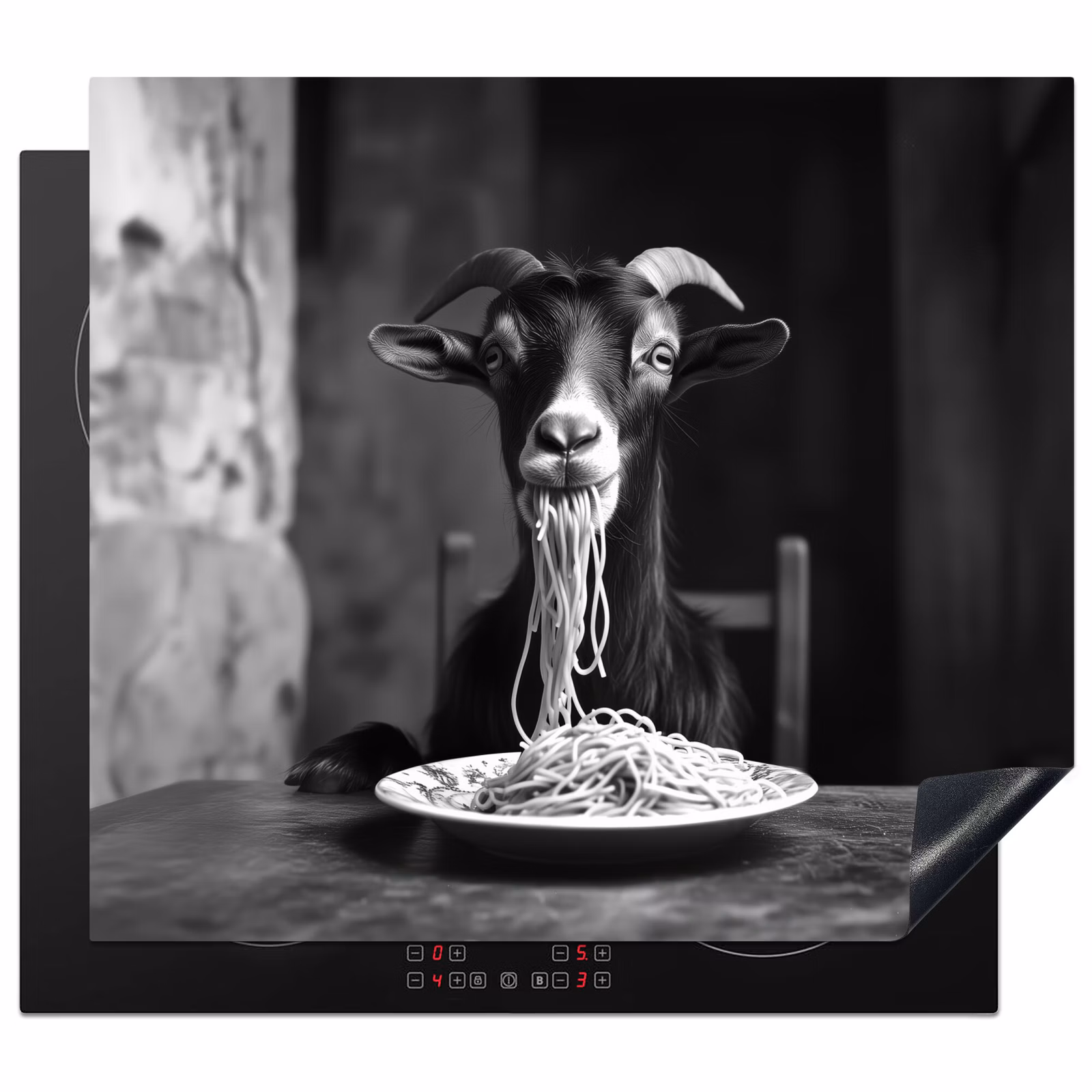 Protection plaque induction - Chèvre - Assiette - Spaghetti - Noir et blanc — 1