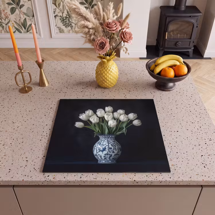 Protection plaque induction - Blanc - Fleurs - Tulipes - Vase — 3