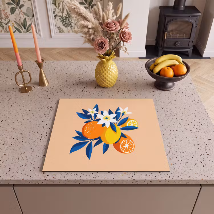 Protection plaque induction - Illustration - Oranges - Bleu foncé - Fleurs — 3