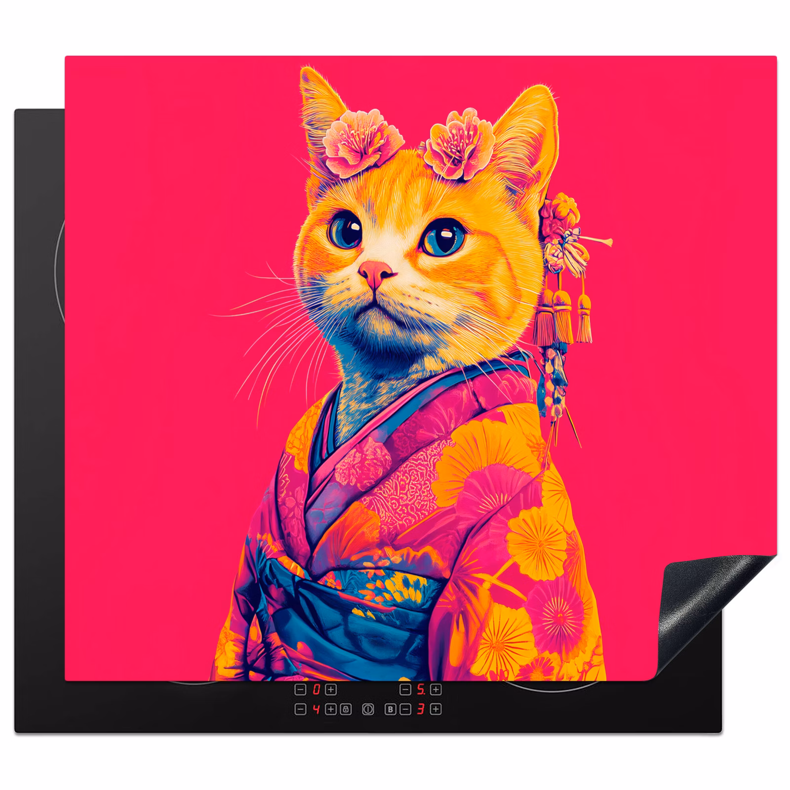 Protection plaque induction - Chat - Kimono - Fleurs - Rose — 1