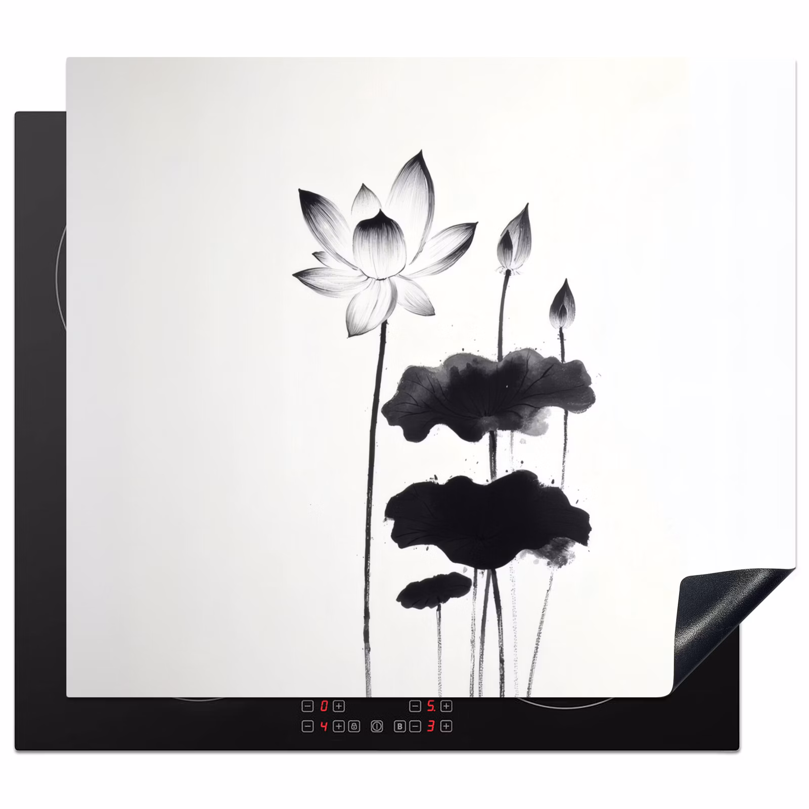 Protection plaque induction - Feuilles - Noir - Fleur de lotus - Minimaliste — 1