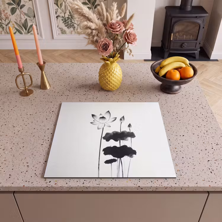 Protection plaque induction - Feuilles - Noir - Fleur de lotus - Minimaliste — 3