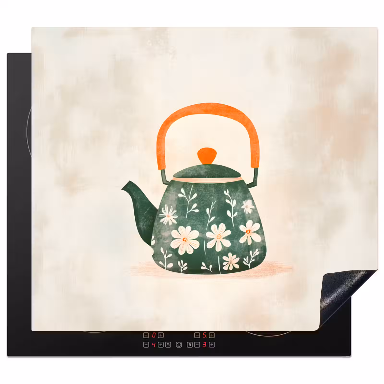 Protection plaque induction - Théière - Vert - Fleurs - Orange — 1