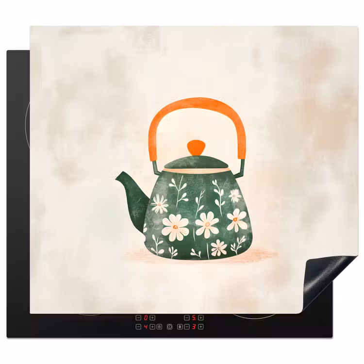 Protection plaque induction - Théière - Vert - Fleurs - Orange — 1