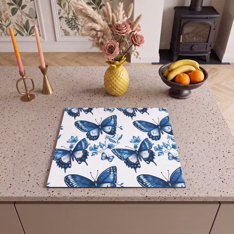 Protection plaque induction - Bleu - Papillons - Fleurs - Blanc — 3