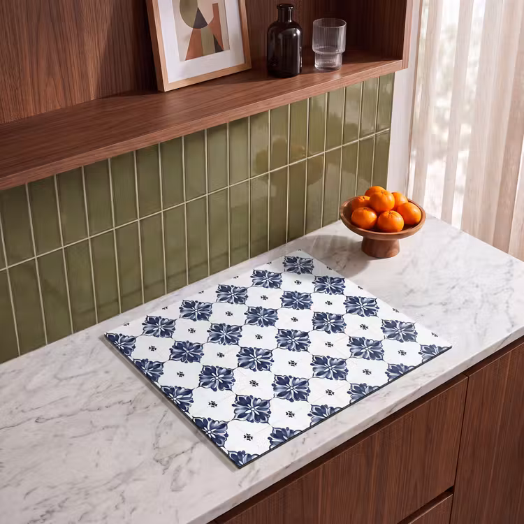 Protection plaque induction - Motif carrelage - Bleu - Blanc - Fleur — 4