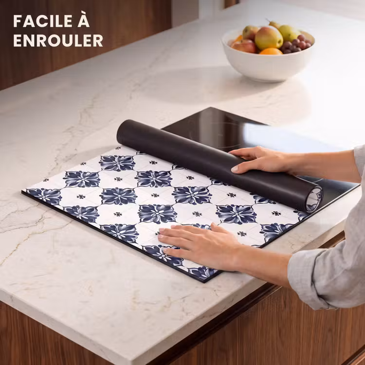 Protection plaque induction - Motif carrelage - Bleu - Blanc - Fleur — 6