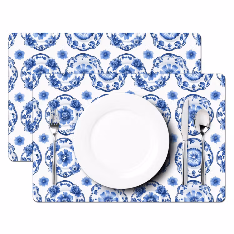 Set de table – 6 pièces - Assiettes décoratives - Fleurs - Bleu — 2