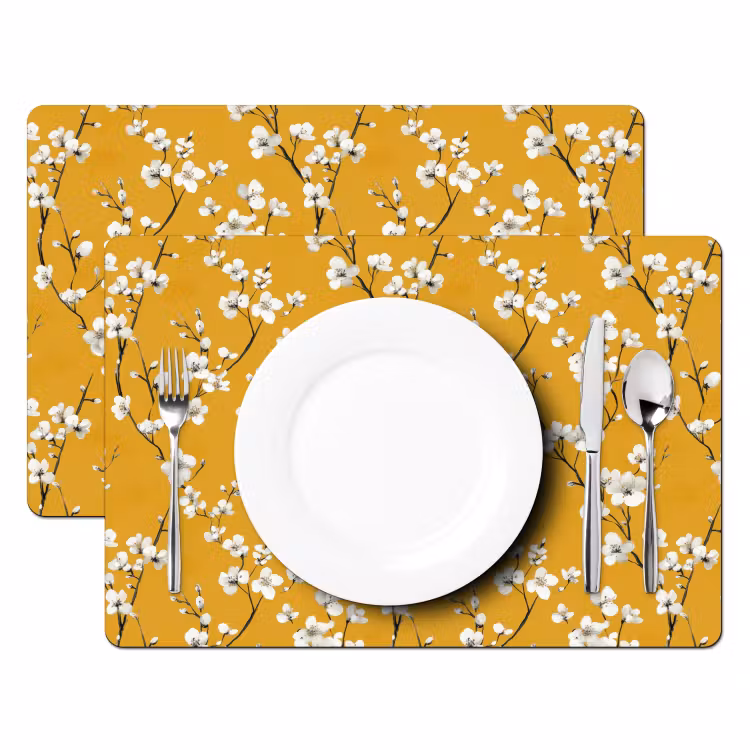 Set de table – 6 pièces - Branche fleurie - Aquarelle - Jaune — 2