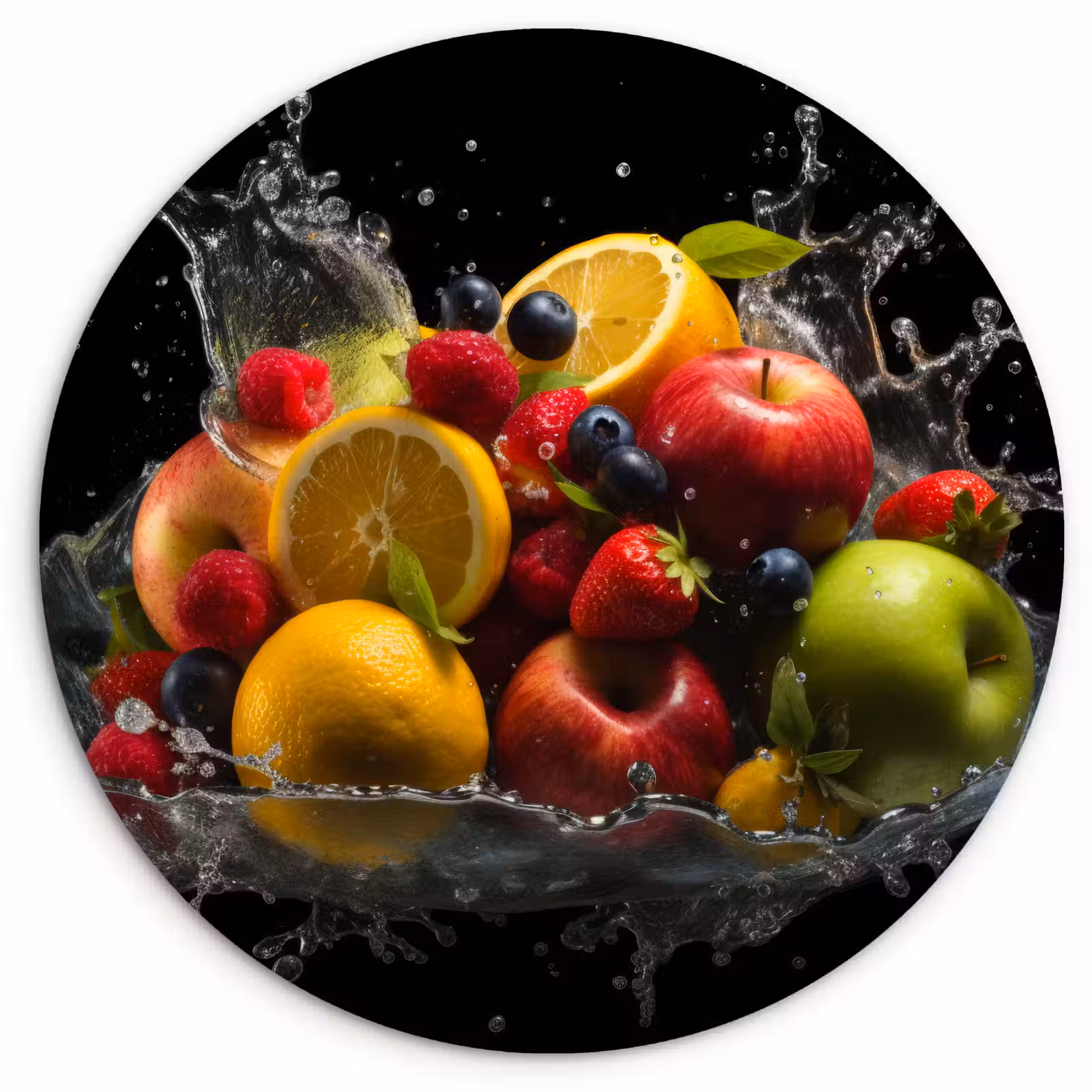 Tableau rond - Fruits - Pomme - Orange - Fruits rouges - Eau — 1