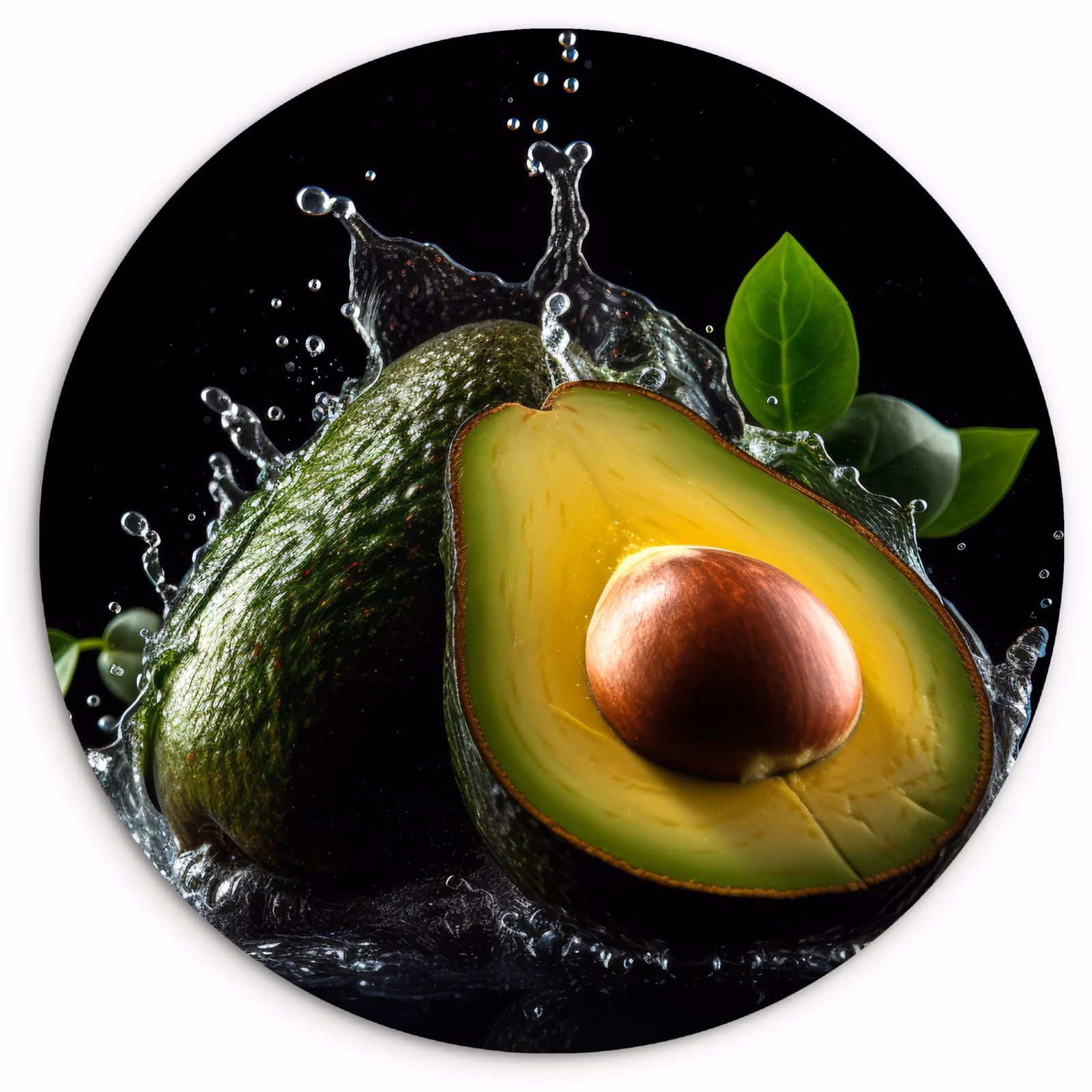 Tableau rond - Avocat - Légume - Feuille - Eau - Noir - Vert — 1