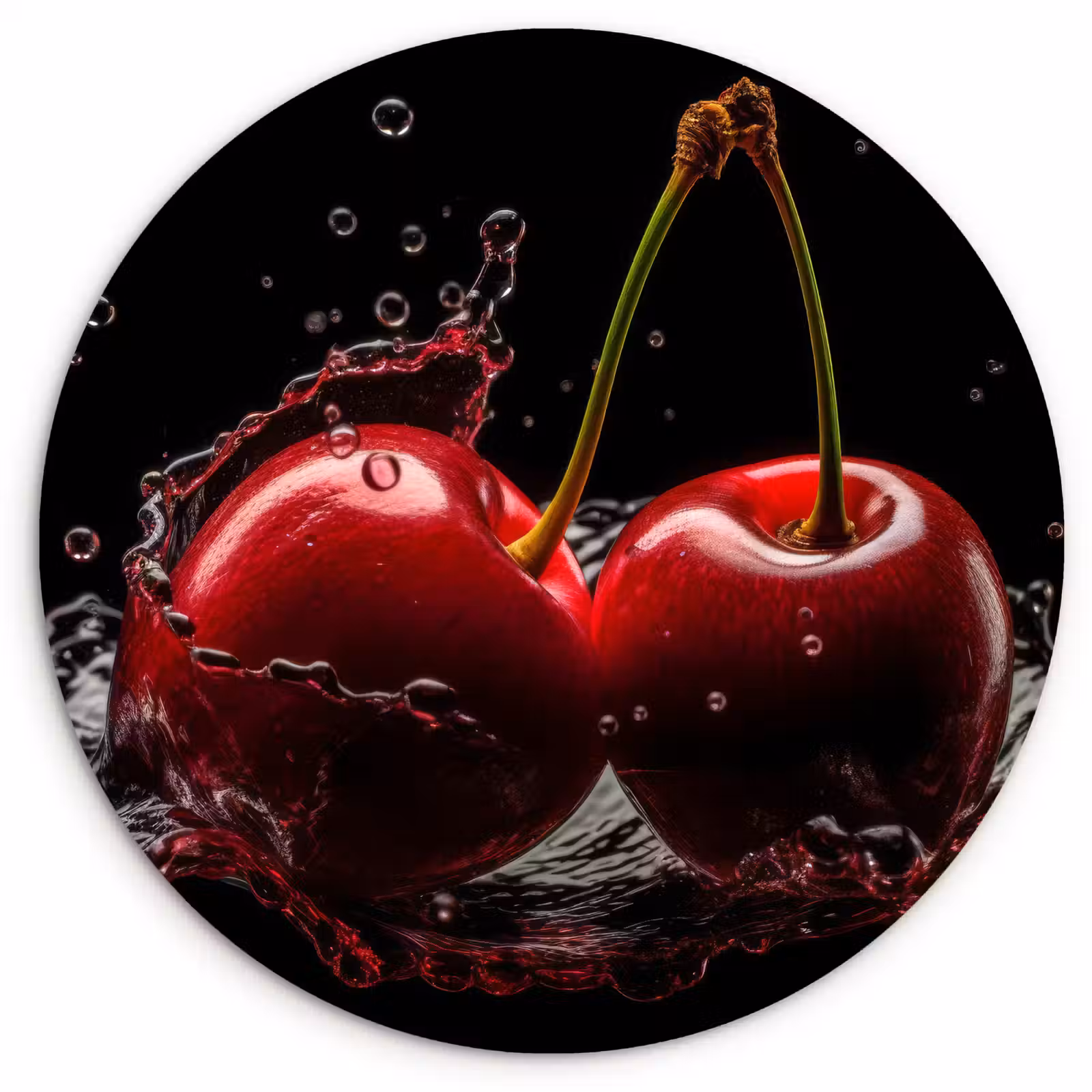 Tableau rond - Cerise - Rouge - Fruit - Eau - Noir — 1