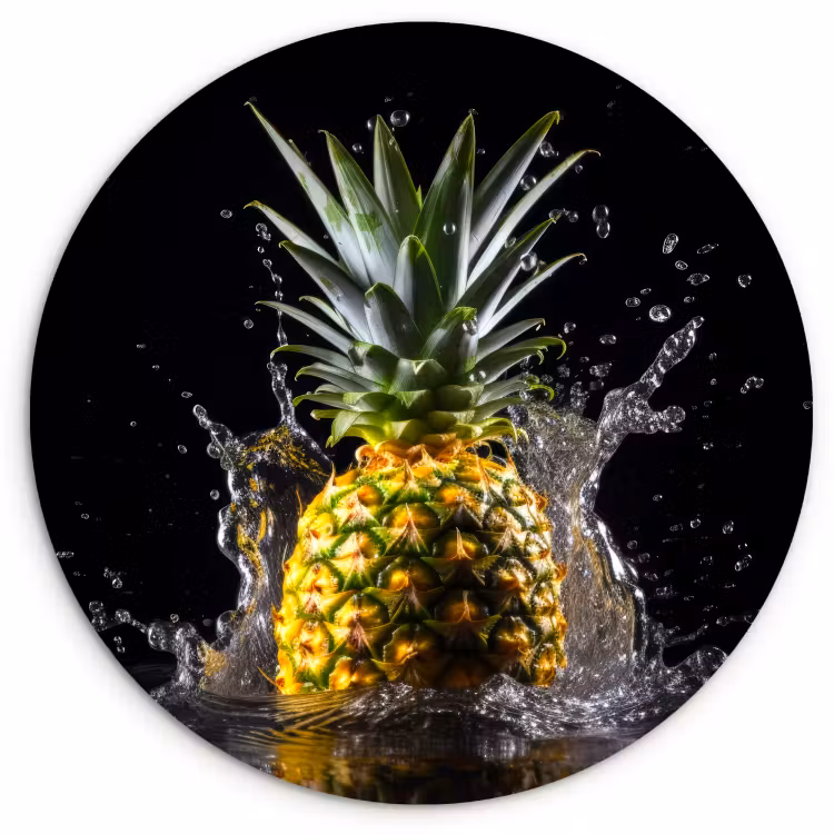 Tableau rond - Ananas - Fruit - Eau - Plantes - Noir — 1