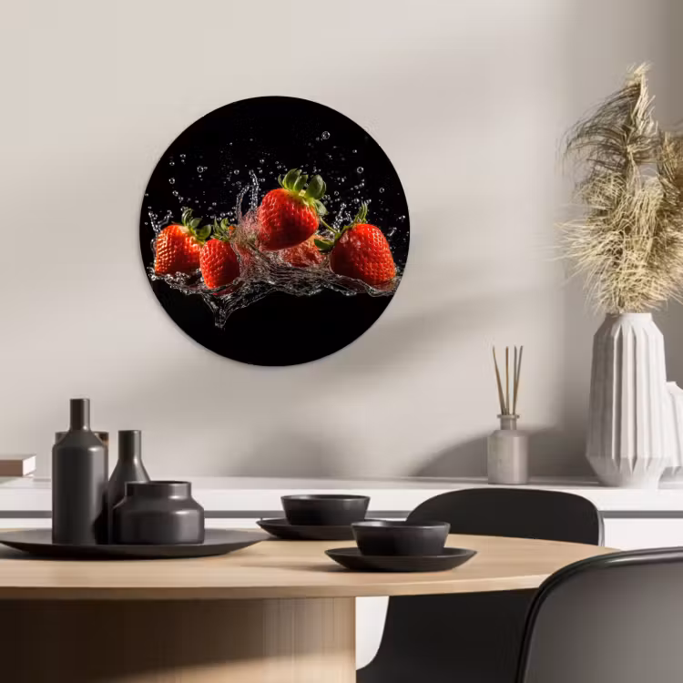 Tableau rond - Fraises - Fruits - Rouge - Eau - Noir — 1