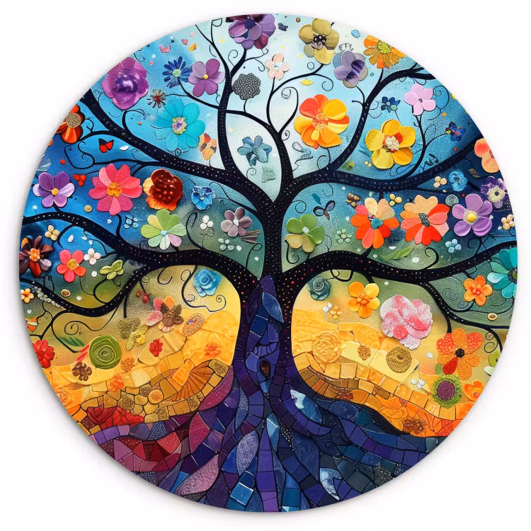 Tableau rond - Arbre de vie en mosaïque colorée — 1