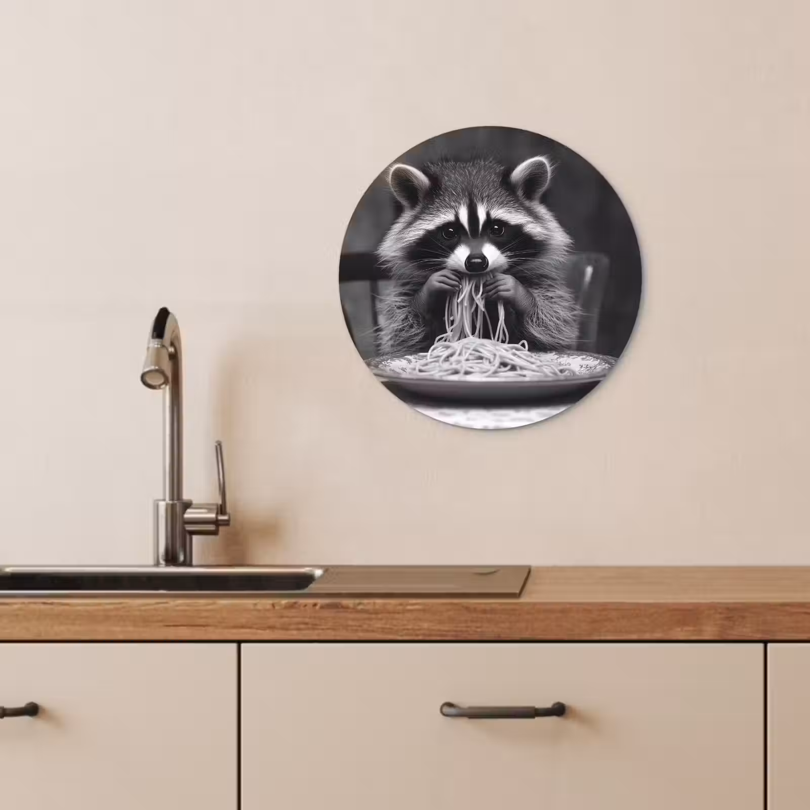 Tableau rond - Raton laveur - Mignon - Pâtes - Nappe - Noir - Blanc — 1